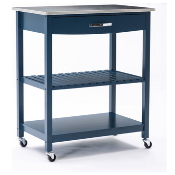 Holland Kitchen Cart With Stainless Steel Top, Navy Blue