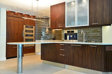 Inspiration for a mid-sized contemporary eat-in kitchen remodel in Tampa with an undermount sink, flat-panel cabinets, dark wood cabinets, quartzite countertops, brown backsplash, glass tile backsplash, stainless steel appliances and a peninsula