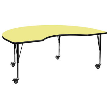 Mobile 48''W x 96''L Kidney Yellow Thermal Laminate Activity Table-Short Legs