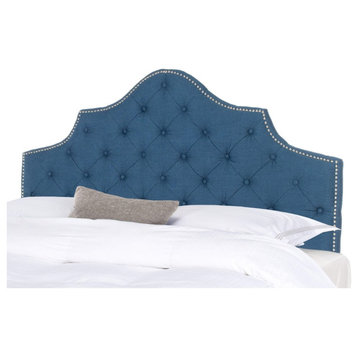 Traditional Queen Size Headboard, Arched Design With Button Tufting, Steel Blue
