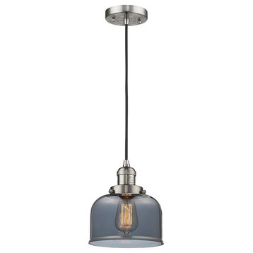 1-Light Large Bell 8" Pendant, Brushed Satin Nickel, Glass: Plated Smoked