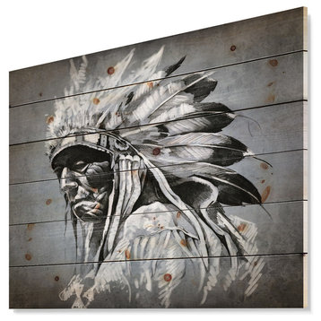 Designart American Indian Tattoo Art Portrait Wood Wall Art 40x30
