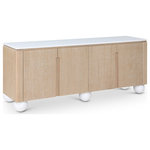 Meridian Furniture - Cardiff Sideboard/Buffet, Natural/White - Transform your dining space into a haven of modern elegance with the Cardiff Natural Sideboard Buffet. Featuring a rich natural oak finish contrasted with white lacquer legs and top, it creates a sleek and modern aesthetic. Crafted mostly from solid wood with oak veneer made from rubberwood, as well as some parts made from MDF plywood, It boasts natural wood grain variation for added charm. This versatile piece serves as an elegant storage solution and a stylish platform for decorations. With doors designed to conceal cutlery, dishes, napkins, and dining supplies, it ensures your dining area stays organized and clutter-free. Elevate your dining experience with this handsome sideboard buffet that meshes practicality and sophistication effortlessly.
