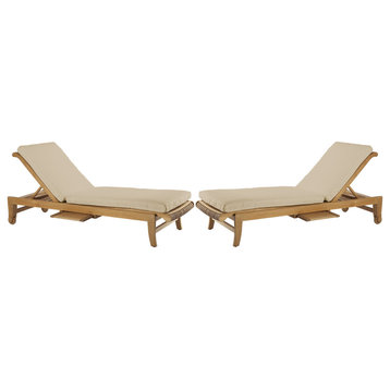Teak Outdoor Patio Giva Chaise Lounger With Side Tray, Set of 2