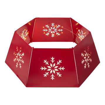 Red Hexagonal Metal Cutout Snowflake Tree Collar With Light String, 26"D