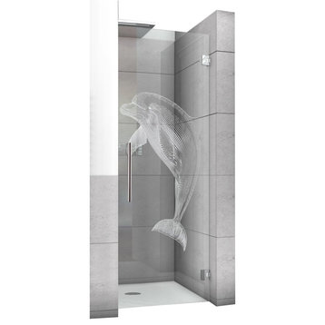 Hinged Alcove Shower Door With Dolphin Design, Non-Private, 32"x70" Inches, Right