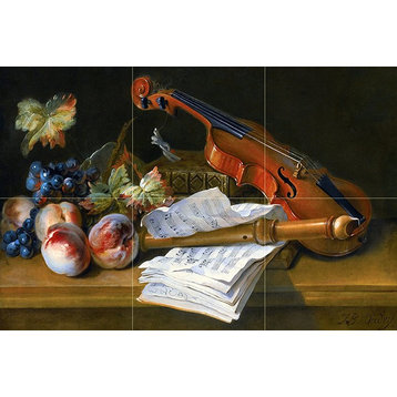 Tile Mural Still Life With a Violin Recorder Books Music Peaches, Ceramic Glossy
