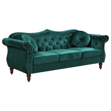 Classic Sofa, Velvet Seat With Button Tufted Back & Nailhead Trim Accent, Green