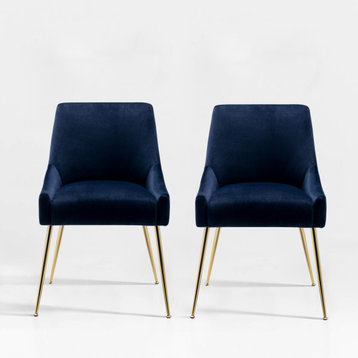 WestinTrends 2PC Velvet Upholstered Accent Chair Set w/ Gold Metal Legs, Navy Blue