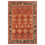 Bareens Designer Rugs - Oriental Ziegler Della Red Blue Hand-Knotted Wool Rug - 9'10'' x 13'9'' - Enhance the ambiance of your home with this magnificent Persian-influenced Turkish hand-knotted rug made by skilled artisans capable of creating the most exceptional vegetable dyes and hand-spun wool. This exquisite handmade rug is a one-of-a-kind Peshawar Kafkaz, otherwise identified as Chobi, Chobi Peshawar, Oushak, or Ziegler rug. These handmade rugs are crafted in Pakistan utilizing superior-quality wool imported from Australia, New Zealand, and Korea in two types of weaves: the Persian weave and the Mori weave. This rug is meticulously crafted by hand using the finest natural vegetable dyes extracted from local plants. The artisans use a blend of hand-spun local and fine merino wool, resulting in a rug with a compelling texture, higher lanolin content, and longer staple. The artisans occasionally incorporate natural or artificial silk into the pile to enhance specific motifs. The finished product is an awe-inspiring execution of flawless design and an understated palette that exudes elegance.