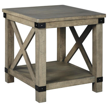Farmhouse Style End Table With X Shaped Sides And Open Bottom Shelf, Gray