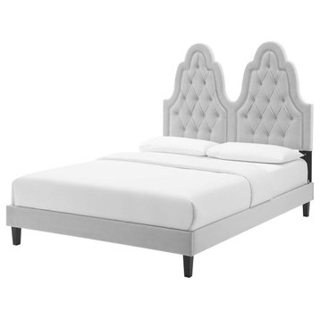 Tufted Platform Bed Frame, Twin Size, Velvet, Gray, Modern Contemporary