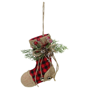 5.75" Red and Black Buffalo Plaid and Burlap Christmas Stocking Ornament