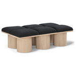 Meridian Furniture - Pavilion Black Boucle Fabric Bench, Black, Natural Finish, 54" W X 31" D X 17.5" H - Bring valuable seating and remarkable style to your space with this black Pavilion boucle fabric bench, an exquisite balance of style and usability for the entryway, bedroom, and beyond. Crafted from oak veneer with a natural finish, this bench has a 4-inch-thick seat cushion that's channel-tufted for a touch of luxury. The bench's columnar bases add a dash of art deco design, making it a captivating focal point in any room.