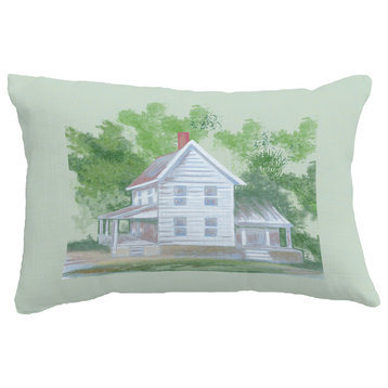 Farmhouse Geometric Print Throw Pillow With Linen Texture, Green, 14"x20"