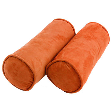20"X8" Double-Corded Solid Microsuede Bolster Pillows, Set of 2, Tangerine Dream