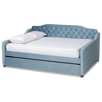Bowery Hill Transitional Velvet Tufted Queen Size Daybed with Trundle in Blue