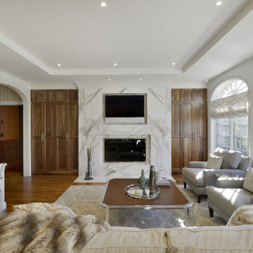 A Dramatic Marble Backsplash in a Transitional Kitchen