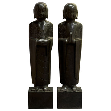 Hand Carved Standing Black Stone Monk Chinese Statue Set - FREE Inside Delivery
