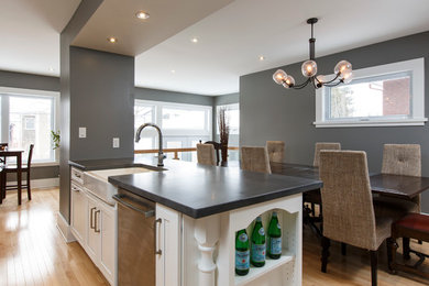 Photo of a traditional galley eat-in kitchen in Ottawa with a farmhouse sink, recessed-panel cabinets, white cabinets, concrete benchtops, stainless steel appliances, light hardwood floors and with island.
