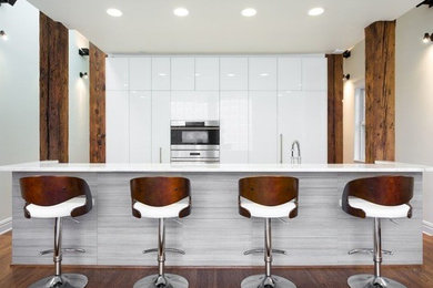 Example of a large trendy single-wall medium tone wood floor eat-in kitchen design in Chicago with an undermount sink, flat-panel cabinets, white cabinets, marble countertops, paneled appliances and an island