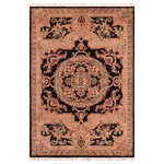 Bareens Designer Rugs - Firdous Pak Persian Hyacinth Black/Pink Wool Rug - 6'2'' x 9'0'' - Designed with mesmerizing intricacy and gorgeous color palette, this hand-knotted masterpiece demonstrates the beauty and electrifying thrill of Pak Persian art. These meticulously hand-knotted Pak-Persian rug is made with pure wool and features breathtaking traditional, transitional, and tribal designs in bold luxurious color pallets. Known for their intricate designs these rugs are a reproduction of Persian rugs, made in Pakistan with unique Mughal designs. Made by master weavers using the same Persian texture, design and dying technique, we wanted to produce the most significant manifestation of Persian art, life, and culture. This rug is most famous for its exceptional quality, incredible designs, patterns, and vibrant rich color. Pak-Persian rugs made with Persian weave with high knot counts, which enables the high intricacy and detail found in the patterns are also referred to as "State of art", each color adds a rich beautiful detail in the artwork of this rug. The design, color, and beautiful chromatic composition with a vibrant sheen with intricate designs, exude beauty, elegance, and quality make this rug a masterpiece of its own.