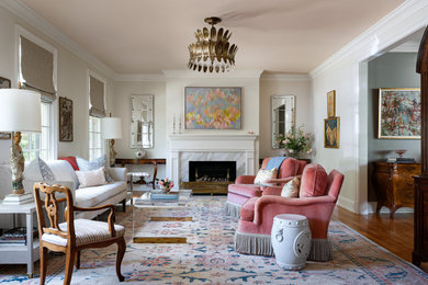 Large elegant formal dark wood floor and multicolored floor living room photo in DC Metro with white walls, a standard fireplace and a stone fireplace