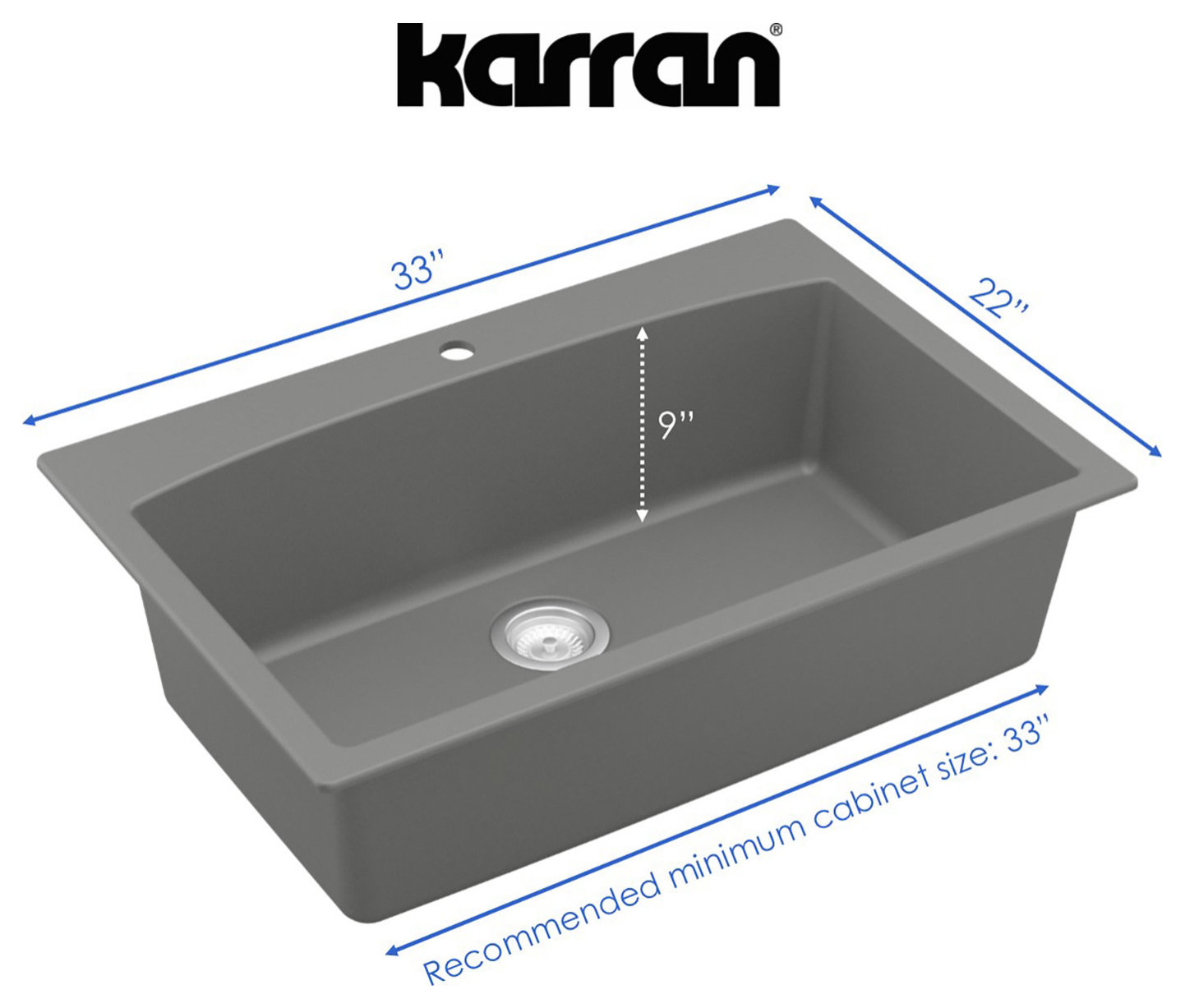 Karran Drop-In Quartz 33" 1-Hole Single Bowl Kitchen Sink, Grey