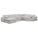 Meridian Furniture - Comfy Upholstered U-Shaped Modular Sectional, Cream, 7-Piece: 3 Armless Chair, 3 Corner Chair, 1 Ottoman, Linen Textured Fabric - Give your space a whole new look with this cream Comfy linen textured fabric sectional. This handsome sectional fits nicely with other items in the Comfy collection and is a versatile seating option designed for adaptability, comfort and style. Wrapped in rich cream durable linen textured fabric upholstery, this sectional offers a plush embrace of overstuffed down feather cushions, carefully crafted to deliver the highest level of comfort. The perfect seat for creating an oasis for relaxation, this sectional has thick foam surrounding its frame for added support and coziness.