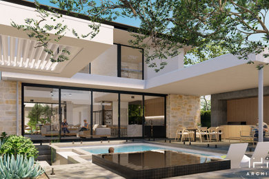 Design ideas for a large contemporary back custom shaped swimming pool in Adelaide with natural stone paving.