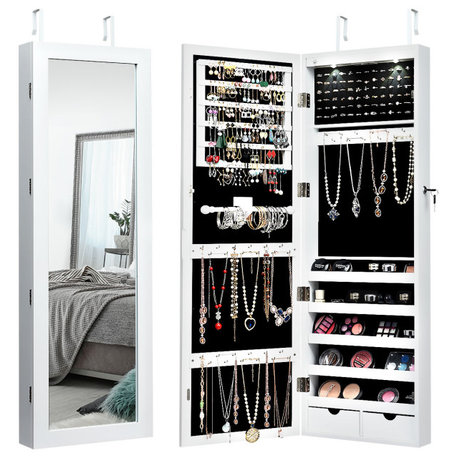 Costway Lockable Wall Mount Mirrored Jewelry Organizer Armoire w/ LED Lights