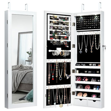 Costway Lockable Wall Mount Mirrored Jewelry  Organizer Armoire w/ LED Lights