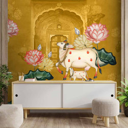 Pichwai Style Wallpaper for Lobby and Temple Walls, Yellow - Products