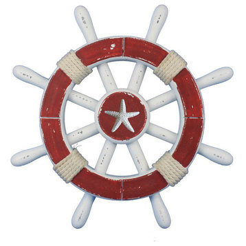 Rustic Decorative Ship Wheel With Starfish, Red and White, 12"