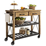 Crosley - Roots Rack Industrial Kitchen Cart - The relaxed lifestyle of French Wine country comes to life in Crosley's new Roots Rack. Its rustic design is reflective of a time when recycling wasn't a societal choice, but a way of life. Starting with a solid pine top, we simulate the popular "reclaimed" wood look by hand etching a weathered plank design into the surface. The rich honey finish extends to the sturdy legs, riding on industrial style casters wrapped in rubber. Two spacious drawers sit on full-extension glides, providing maximum utility. The sturdy metal shelves are finished in black, and are perfectly notched to secure individual wine bottles. Completing the package are industrial style drawer pulls, towel bars, and X- supports. The Roots Rack is perfect for any kitchen activity slicing, dicing, mixing, or mingling.