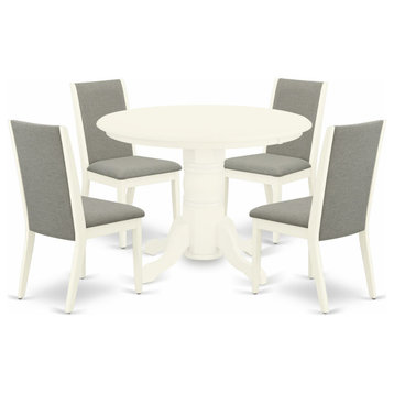 5Pc Dining Set - 4 Chairs, Round Table Hardwood Frame -High Back & Linen White