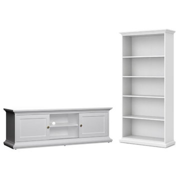 Home Square 2-Piece Set with TV Stand and 5 Shelf Bookcase in White