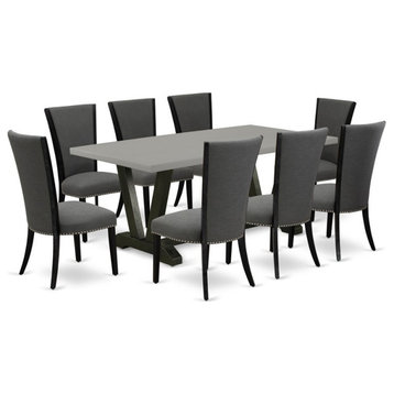 East West Furniture V-Style 9-piece Wood Dining Table Set in Black and Cement