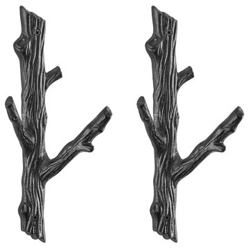 Brown Cast Iron Tree Branch Double Wall Mount Coat Hooks, Set of 2