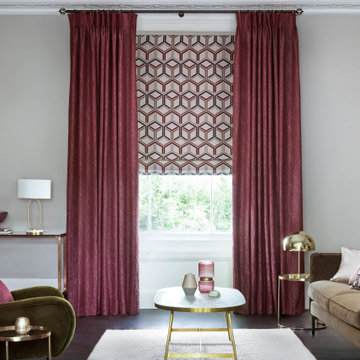 Curtains- Surface Port curtains and Metro Maroon Roman blinds
