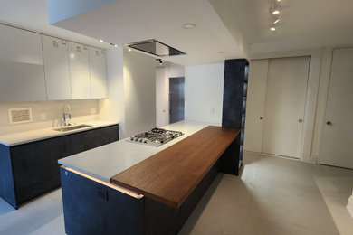 Inspiration for a mid-sized galley porcelain tile and gray floor eat-in kitchen remodel in Boston with an undermount sink, black cabinets, quartzite countertops, white backsplash, stone tile backsplash, stainless steel appliances, an island and white countertops
