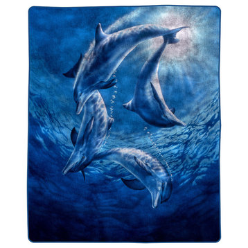 Heavy Fleece Blanket Ocean Dolphins Pattern, Plush 8lb Soft Blanket Lavish Home