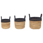Elk Home - Holset Baskets Set of 3 Gray - Sustainable, natural banana leaves, raffia and seagrass are used to weave the Holset baskets. Sold as a set of three, this design features black handles and rims. Organically inspired, the Holset set is perfect for adding a rustic note to a country farmhouse or coastal space.