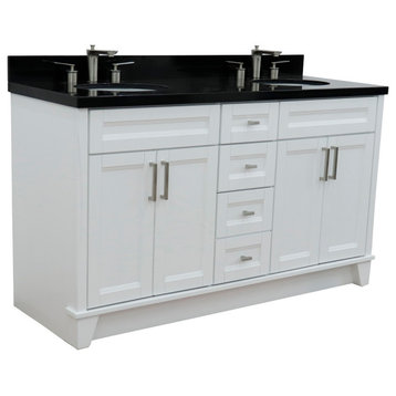 61" Double Sink Vanity, White Finish And Black Galaxy Granite And Oval Sink