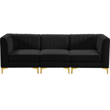 Alina Velvet Upholstered 3-Piece Modular Sofa, Black