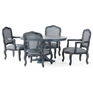 Biorn French Country Wood and Cane 5-Piece Expandable Oval Dining Set, Gray