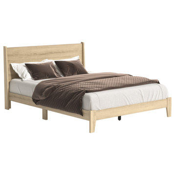 Abby Retro Wood Frame Queen Platform Bed With Headboard, Oslo Oak, Queen