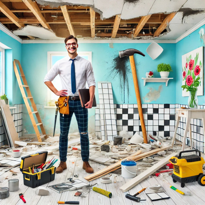 A humorous scene of a DIY construction disaster featuring crooked tiles, splattered paint, a sledgehammer stuck in the wall, scattered tools, and a smiling contractor ready to save the day with profes