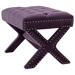 Inspired Home - Paola Velvet Button Tufted Silver Nailhead Trim X-Leg Ottoman, Plum - Our X-leg ottoman adds a gentle sophistication in the confines of your living room, bedroom or entryway. Featuring a button tufted high density foam cushioned seat and decorative nail head trim with solid birch X-legs, this elegant accent piece provides both functionality and a focal point of color and style that seamlessly blend with your main furniture to create a dynamic and cozy interior space to come home to.FEATURES: