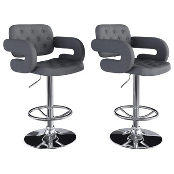 Adjustable Tufted Dark Gray Fabric Barstool With Armrests, Set of 2